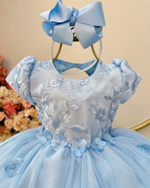 Vestido Infantil Azul Claro Jardim Encantado Com Renda Festas