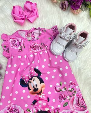 Vestido Infantil Trapézio da Minnie Rosa Manga Flu-Flu