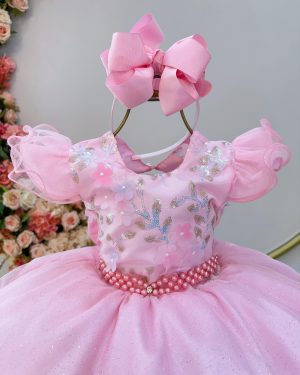 Vestido Infantil Princesas Jardim Encantado Rosa Super Luxo