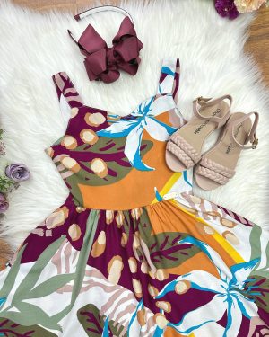 Vestido Infantil Casual Primavera Verão Marsala Florido