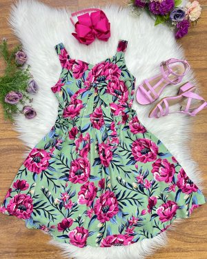 Vestido Infantil Casual Primavera Verão Verde Florido Colorido
