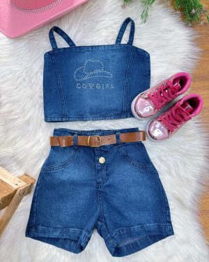 Conjunto Infantil Blusa e Short Jeans Boiadeira Casual