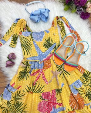 Vestido Infantil Casual Primavera Amarelo Florido Colorido