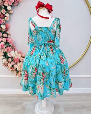 Vestido Infantil Casual Primavera Azul Florido Colorido Luxo