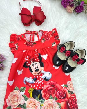 Vestido Infantil Trapézio da Minnie Vermelha Manga Flu-Flu