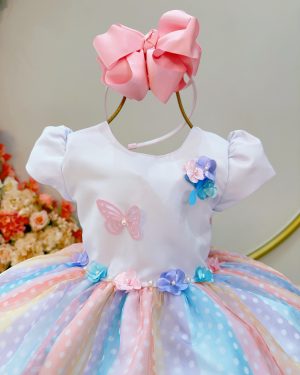 Vestido Infantil Branco Jardim Encantado Chuva de Amor Arco Iris