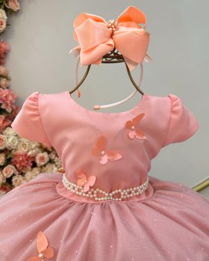 Vestido Infantil Salmão Jardim Encantado Festas Luxo