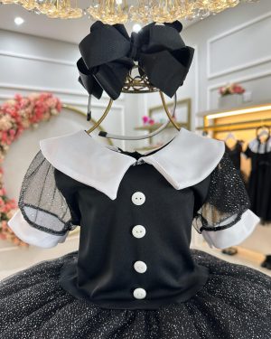 Fantasia Wandinha Infantil Preto Gola Branca C/ Glitter
