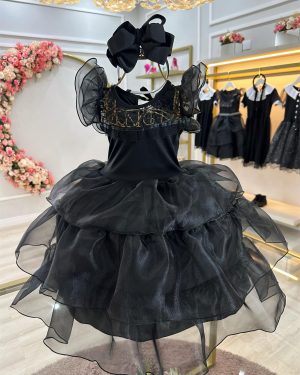 Fantasia Wandinha Infantil Preto Com Babados Luxo