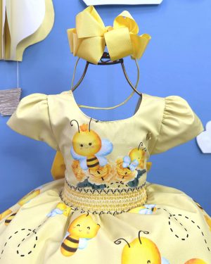 Vestido Infantil Amarelo Abelhinha Mel Florido Festas