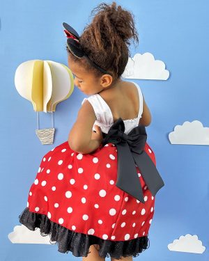 Vestido Infantil Minnie Vermelho Luxo Bolas Brancas C/Tiara
