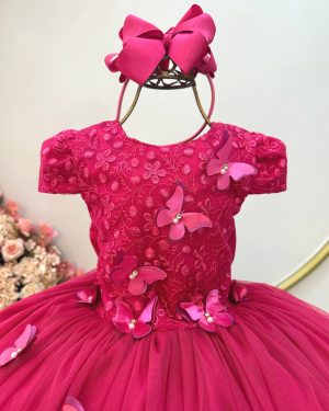 Vestido Infantil Pink C/ Apliques Flores e Borboletas Festas