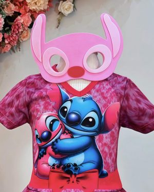 Fantasia Infantil Temática da Angel Stitch Lilo Pink C/ Máscara