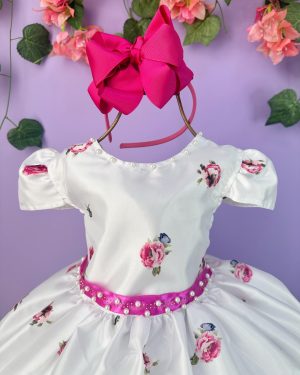 Vestido Infantil Branco Florido Pink e Cinto Strass Pérolas