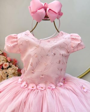 Vestido Infantil Rosa Claro Jardim Encantado C/ Renda Festas