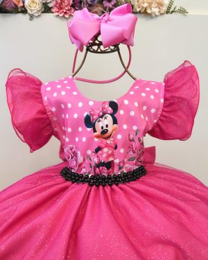 Vestido Infantil Rosa Chiclete Minnie Saia C/ Glitter Festas