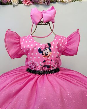 Vestido Infantil Rosa Minnie Saia C/ Glitter Festas