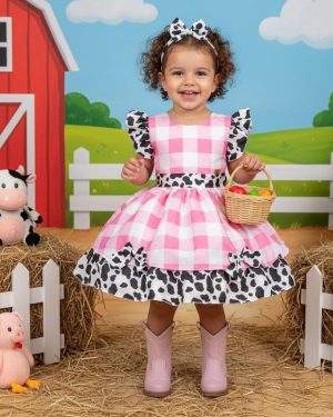 Vestido Tematicos Kids Fazendinha Rosa Vaquinha