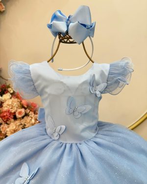 Vestido Infantil Azul Claro C/ Apliques de Borboletas Festas