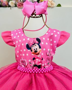 Vestido Infantil Rosa Chiclete Minnie Saia C/ Glitter Festas