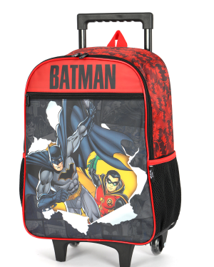 Mochila Infantil C/ Rodinhas Batman e Robin Preta e Vermelha