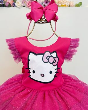 Vestido Infantil Pink da Hello Kitty Saia C/ Glitter Festas