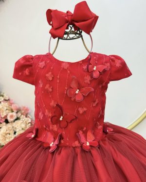 Vestido Infantil Vermelho C/ Apliques Borboletas Festas Luxo