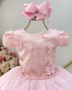 Vestido Infantil Rosa C/ Apliques Borboletas Festas Luxo
