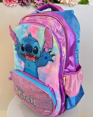 Mochila Infantil C/ Rodinhas da Lilo Stitch e Angel Roxa