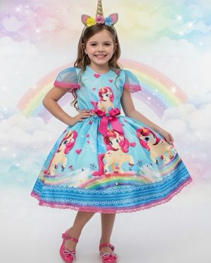 Vestido Fantasia Infantil Unicórnio Colorido Festas