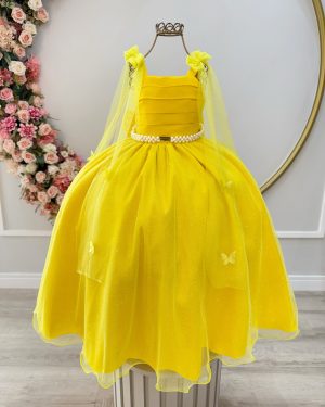 Vestido Infantil Longo Amarelo C/ Aplique de Borboletas Festas