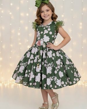 Vestido Infantil Verde Florido C/ Broche Festas Natal Luxo
