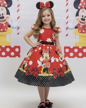 Vestido Infantil Minnie Vermelho Florido C/ Cinto de Pérolas