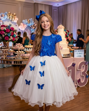 Vestido Juvenil - Midi Vila Lele Sabrina Azul Royal e Off