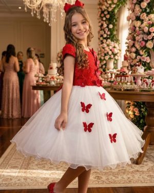 Vestido Juvenil - Midi Vila Lele Sabrina Vermelho e Off