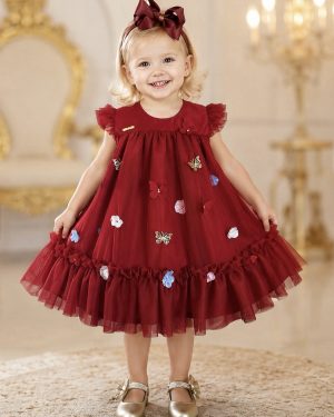 Vestido Infantil Vermelho Escuro Jardim Encantado Luxo