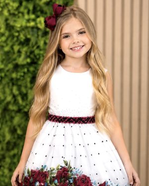 Vestido Infantil Off White Florido Marsala Busto Strass Festa