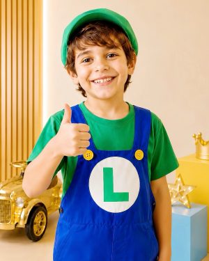 Conjunto Fantasia Infantil Macacão e Camiseta Luigi Verde Azul
