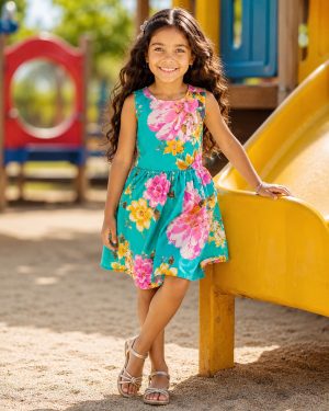 Vestido Infantil Casual Viscose, Primavera Verão Verde Florido