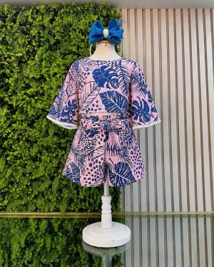 Conjunto Meninas Cropped Florido Rosa e Azul Casual Primavera