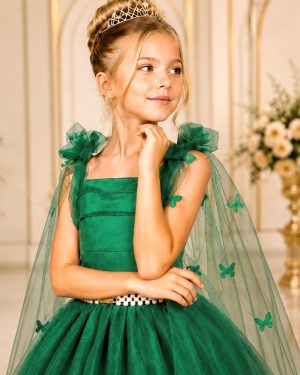 Vestido Infantil Longo Verde C/ Aplique de Borboletas Festas
