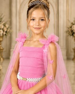 Vestido Infantil Longo Rosa Chiclete Aplique Borboletas Festas