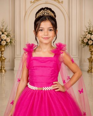 Vestido Infantil Longo Pink C/ Aplique de Borboletas Festas