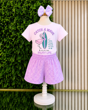 Conjunto Meninas Blusa e Shorts Marfim Com Estampas Coloridas