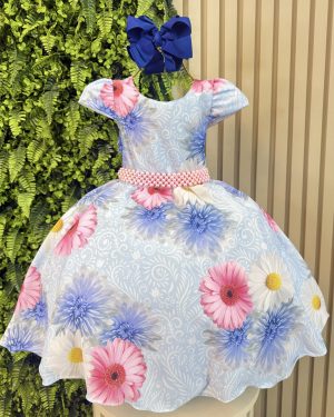 Vestido Infantil Azul Florido + Laço ou Tiara