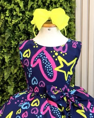Vestido Infantil Barbie Azul Marinho Neon C/ Broche de Laço
