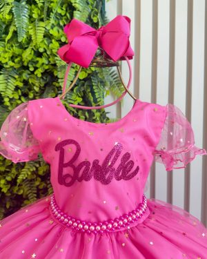 Vestido Infantil Barbie Pink C/ Glitter e Estrelas