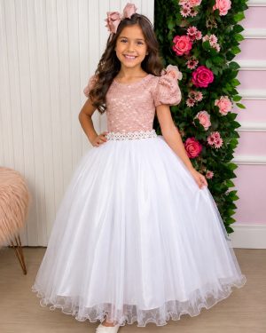 Vestido Enjoy Longo Mari Peito Rendado Rose Saia Branca