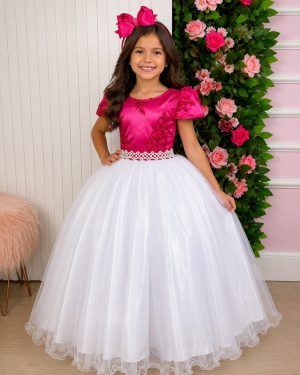 Vestido Enjoy Longo Mari Peito Rendado Pink Saia Branca