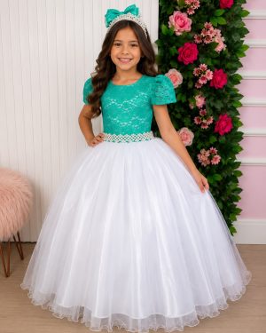 Vestido Enjoy Longo Mari Peito Rendado Verde Tiffany